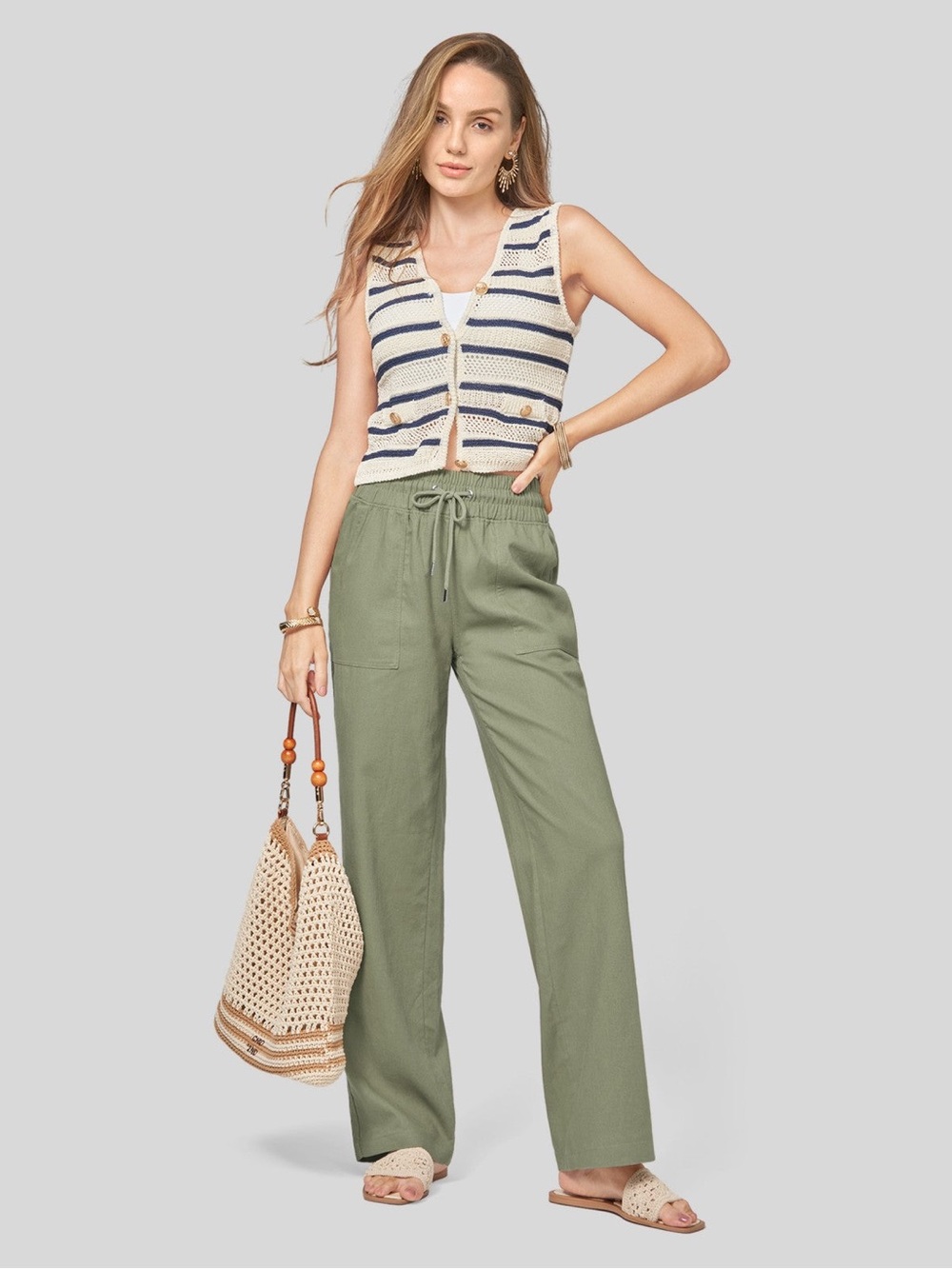 Willit Women's Cotton Linen Wide-Leg Pants Pockets Elastic Waist Pull On 3XL